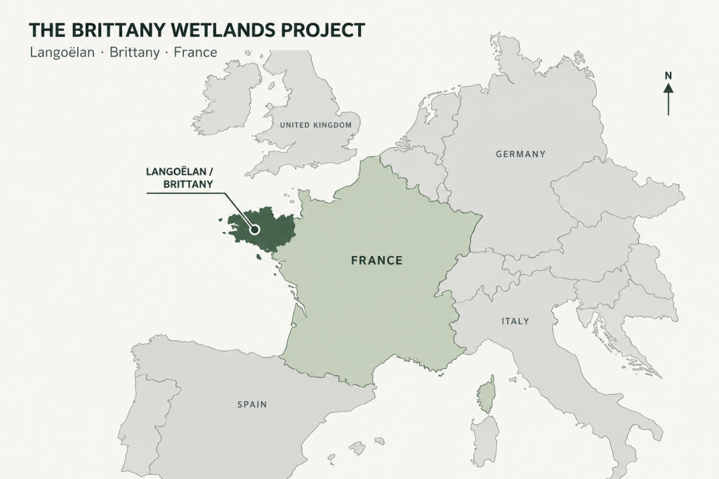 Map of Western Europe highlighting France, Brittany and Langoëlan, location of The Brittany Wetlands Project.